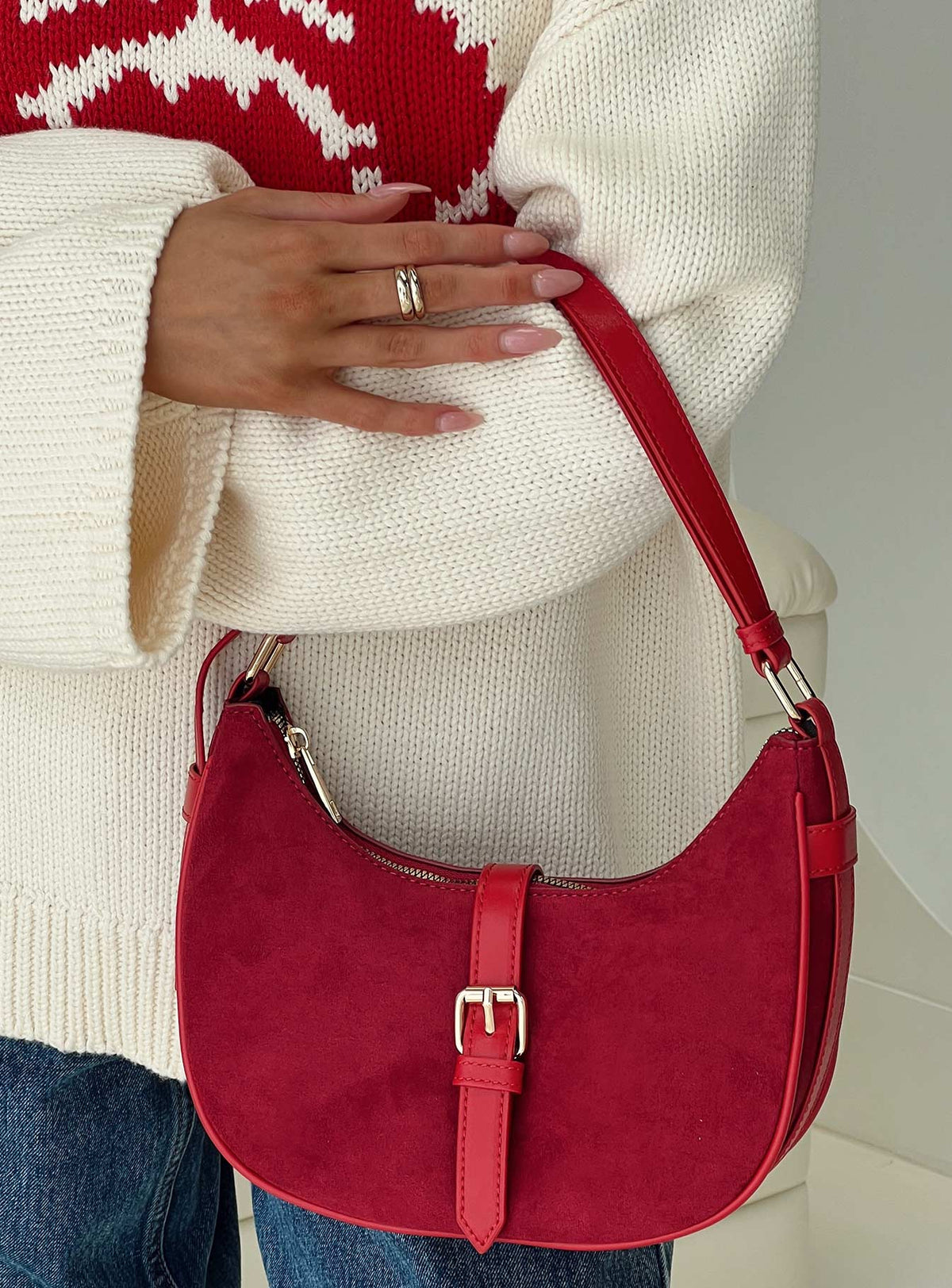 Jaxton Buckle Faux Suede Shoulder Bag Red