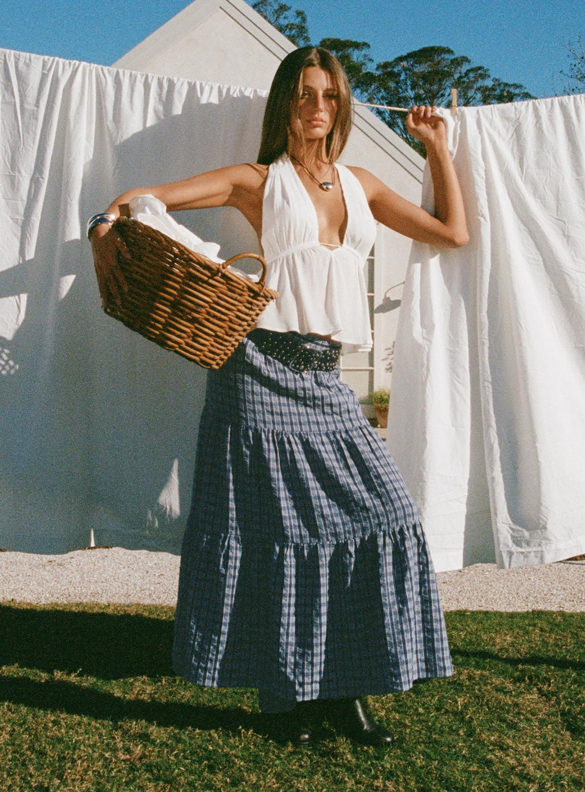 Rockwell Tiered Midi Skirt Navy Check