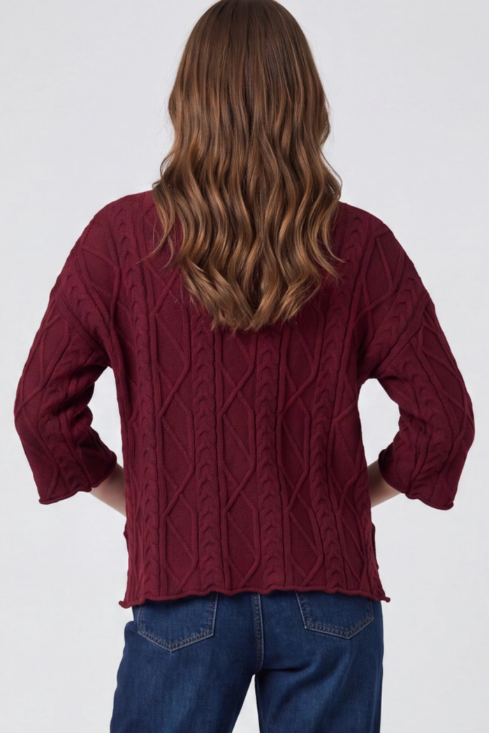 3/4 Sleeve Cable Sweater, Wine