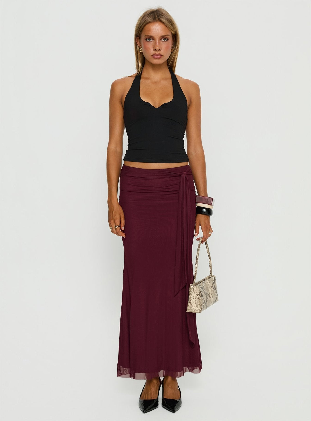 Caviar Tie Maxi Skirt Currant