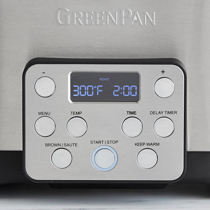 Slow cooker control panel displaying 300°F, 2:00 time, and multiple function buttons.