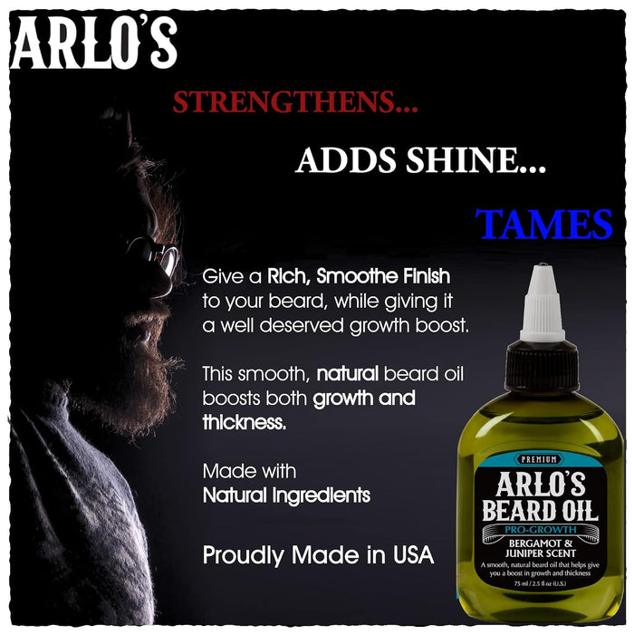 Arlo's Beard Oil Pro-Growth with bergamot and juniper scent, made in the USA with natural ingredients to strengthen, tame, add shine and promote thicker beard growth.