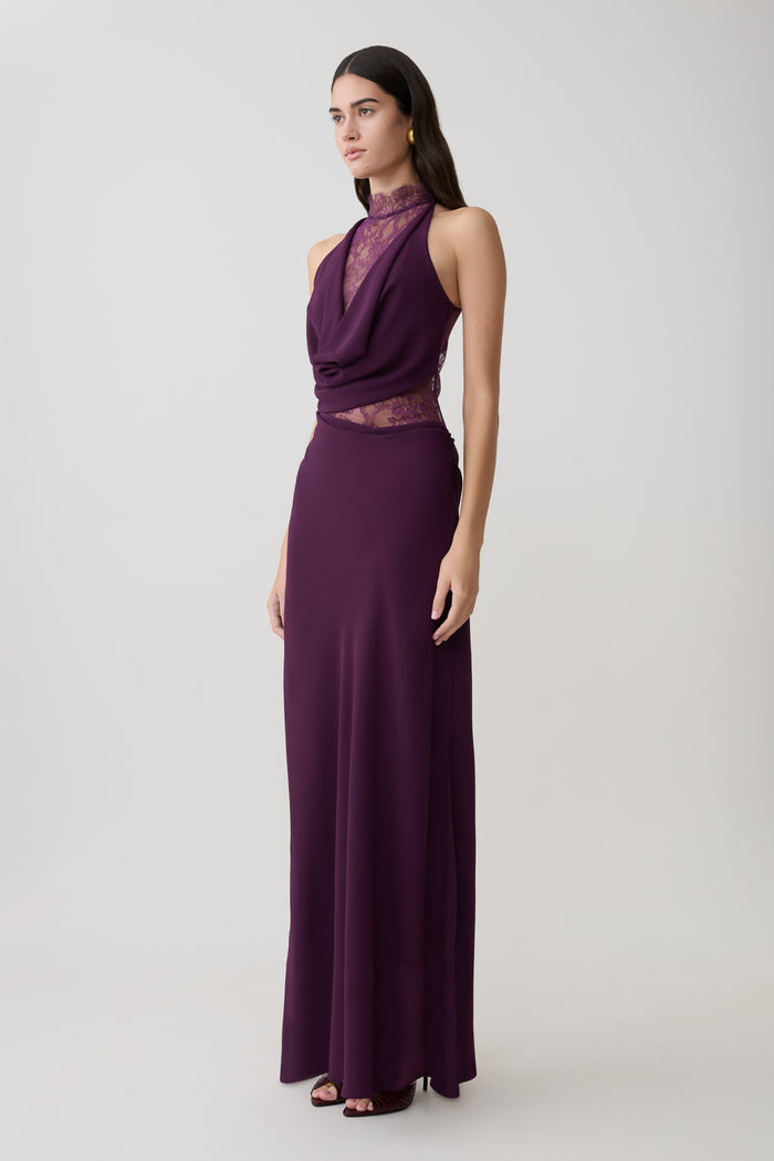 Arra Chiffon And Lace Halter Maxi Dress - Plum