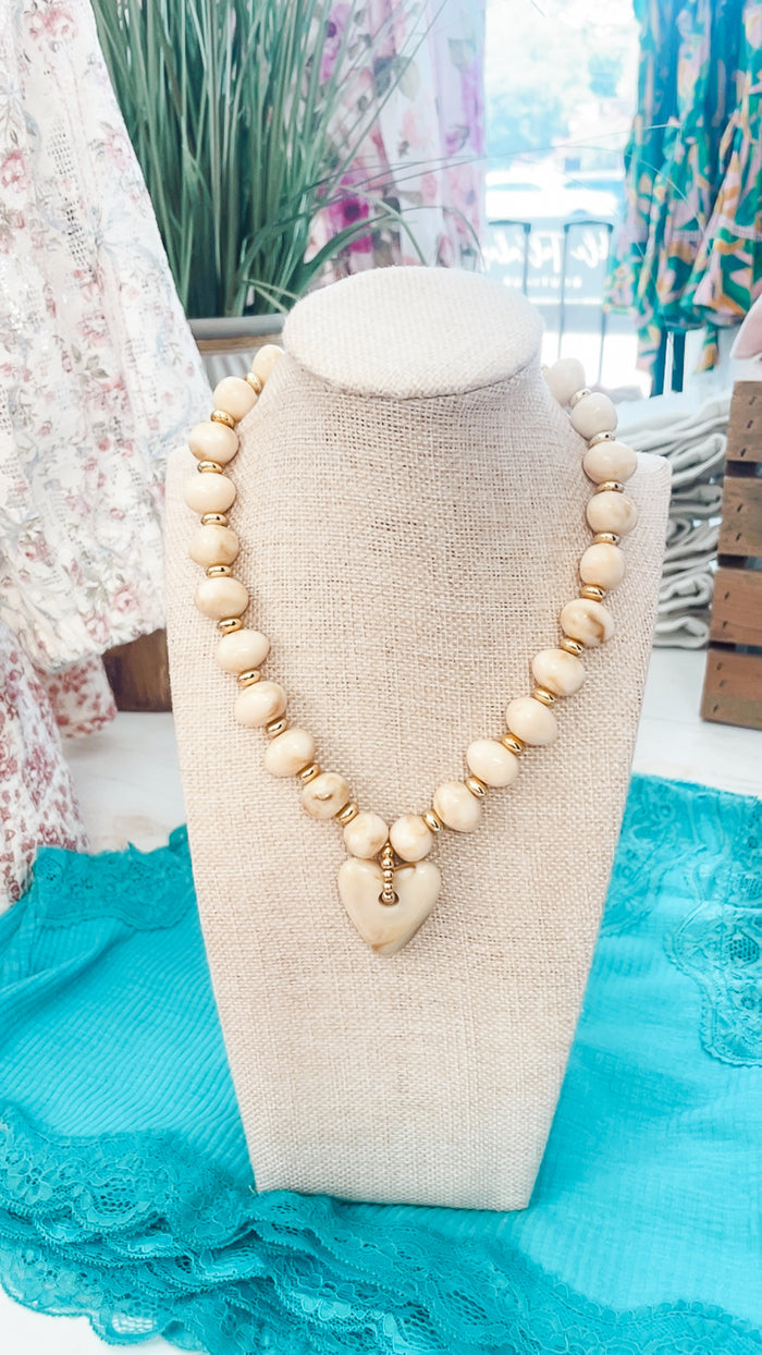 Athens Cream Beaded Necklace with Heart Charm