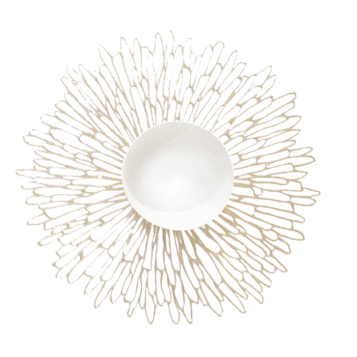 The Bloom Round Placemat combines the beautiful, expanding form of a chrysanthemum with the clean, graphic look of a contour line sketch.