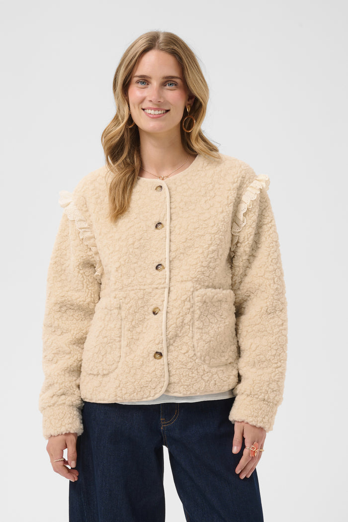 Front view of Cream 10615559 CRRana Lace Teddy Jacket – Oatmeal by Cream. Shop Cream at Dotique.