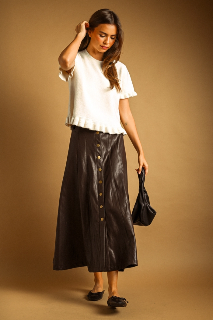 Faux Leather Button Front Skirt, Brown
