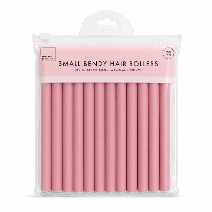 Forever Beautiful Small Bendy Hair Rollers 12 Pack in pink, displayed in a clear reusable zip storage pouch on a white background. Flexible foam bendy rollers designed to create defined curls, soft waves and long-lasting volume without heat, suitable for overnight styling and comfortable wear on all hair types.