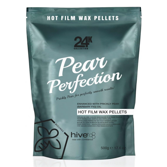 Hive 24K Collection Pear Perfection Hot Film Wax Pellets 500g with prickly pear oil for professional strip-free hair removal and smooth results