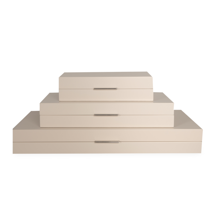 This modern organizer features a luxurious ivory lacquer finish and polished nickel handle for a sophisticated look.