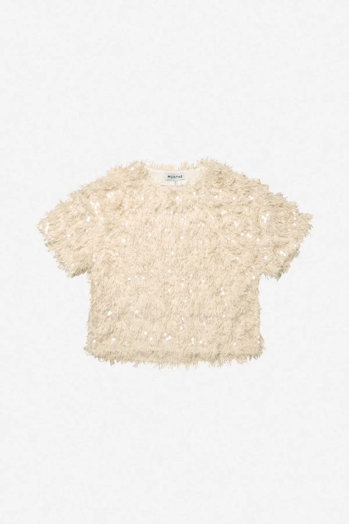 MUNTHE Valence Sequin & Fringe Top – Creme by Munthe, shown flat. Shop Munthe at Dotique