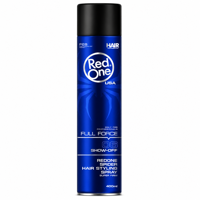 Red One USA Full Force 06 Show-Off Spider Hair Styling Spray 400ml in a blue aerosol can, delivering super firm hold with spider-web styling technology for flexible texture and long-lasting professional hairstyles.
