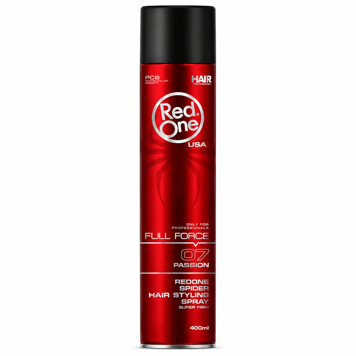 Red One USA Full Force 07 Passion Spider Hair Styling Spray 400ml in a red aerosol can, providing super firm hold with spider-web styling technology for long-lasting control, texture, and professional hair styling.