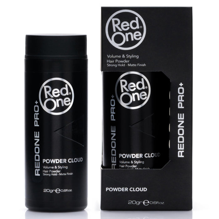 Red One Pro+ Powder Cloud Volume & Styling Hair Powder 20g displayed alongside its retail box, featuring strong hold, instant volume, texture enhancement, and a matte finish for professional styling.