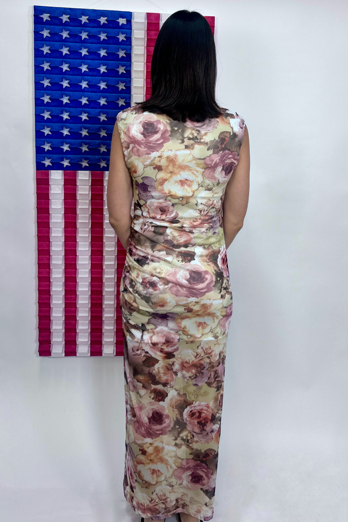 Ruched Mesh Midi Dress Ivory Floral