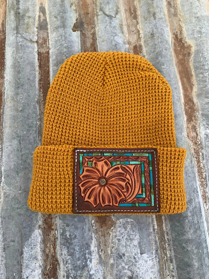 The Daisy Handtooled Leather Patch Beanie, Fitted in Turquoise and Southwest Border