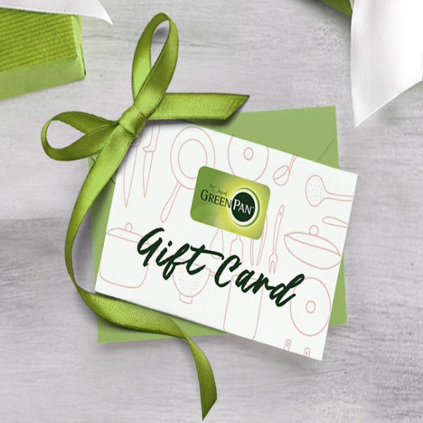 GreenPan e-gift card with green ribbon design on a white and green background.