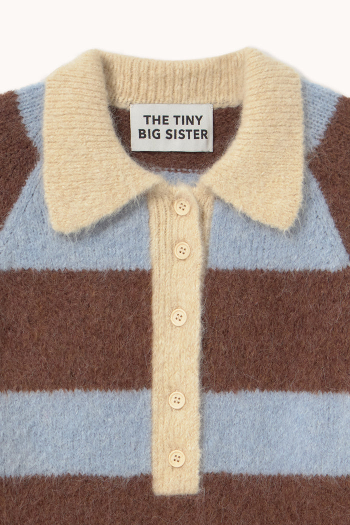 Tiny Big Sister Frank Striped Polo - Blue/Brown AW26-845 collar detail Tiny Big Sister Shop Tiny Big Sister at Dotique