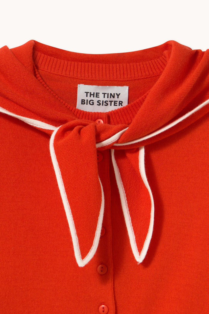Tiny Big Sister Scarf Neck Lara Cardigan - Red AW26-668 scarf neck detail Shop Tiny Big Sister at Dotique