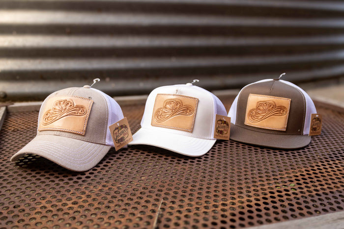 Tooled Cowboy Hat Leather Patch Trucker Cap