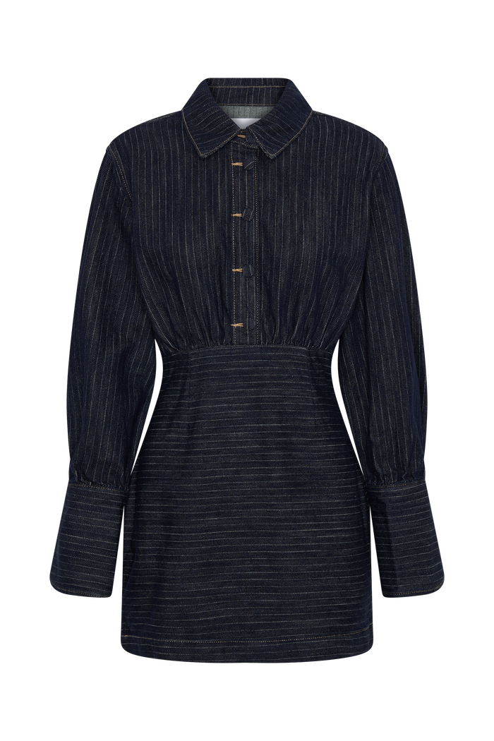 Zarah Denim Long Sleeve Mini Dress - Indigo Pinstripe