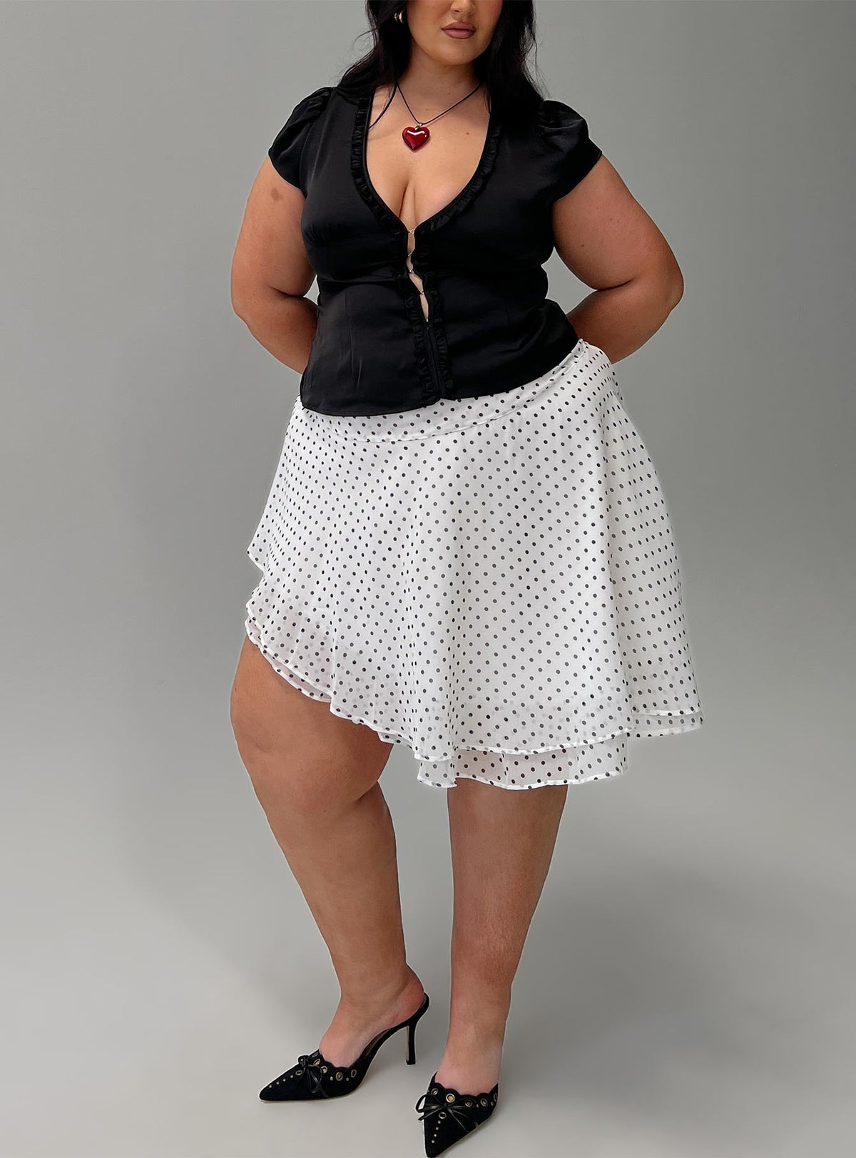 Evanescence Asymmetrical Midi Skirt White / Polka Dot Curve