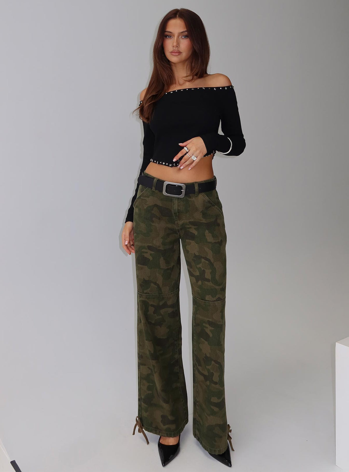 Strike Out Mid Rise Wide Leg Jeans Camouflage
