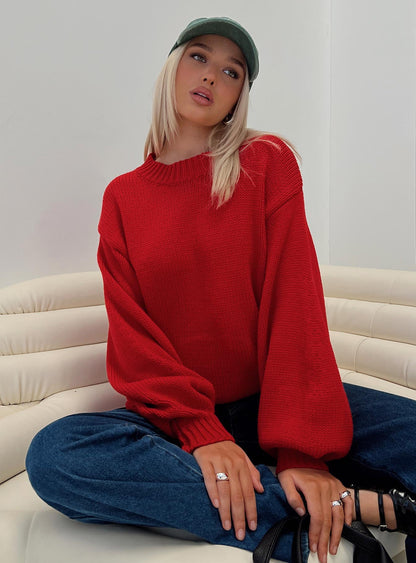 Harmony Balloon Sleeve Knit Sweater Red
