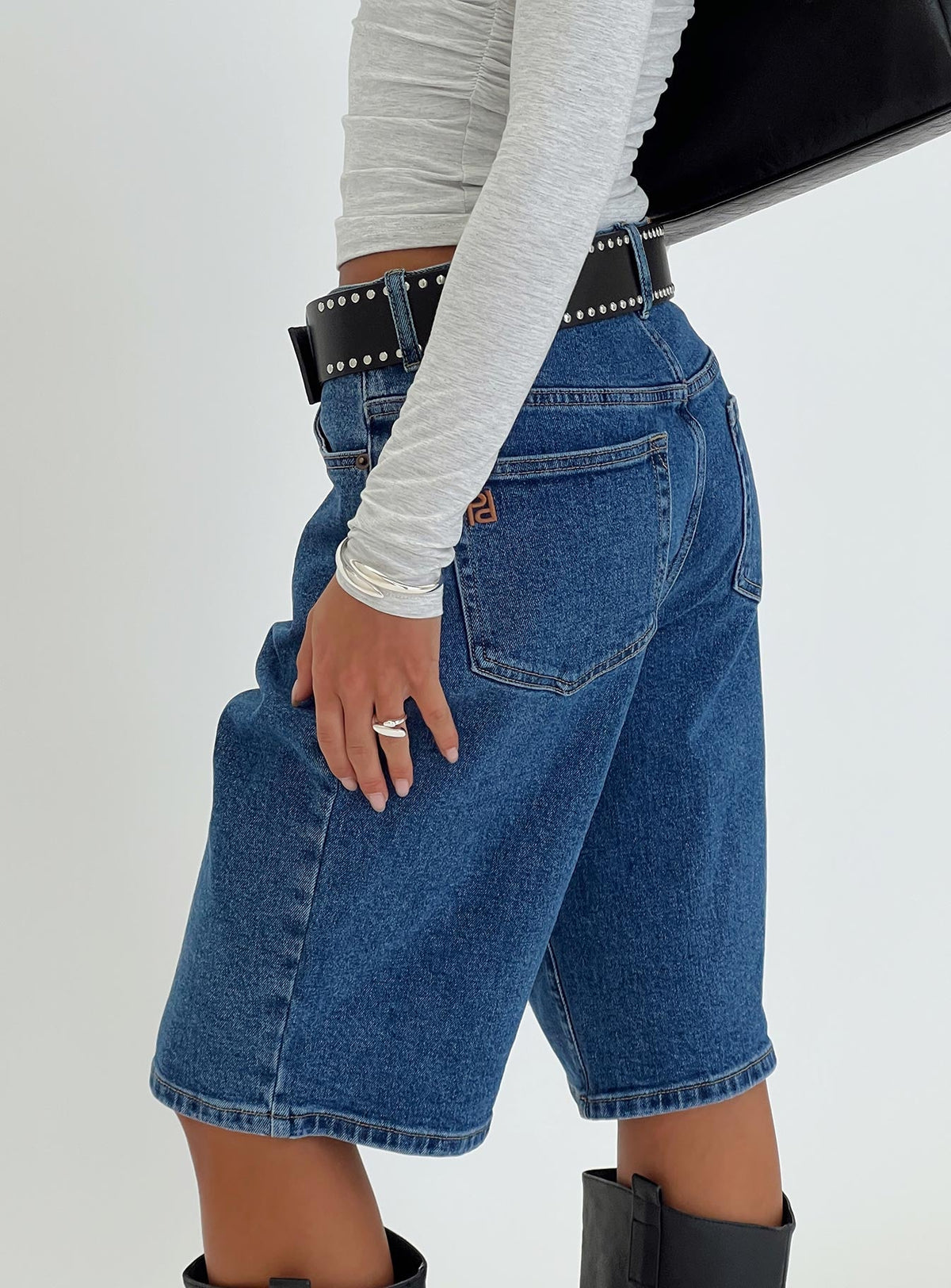 Retro Dream Mid Rise Longline Denim Shorts Mid Wash