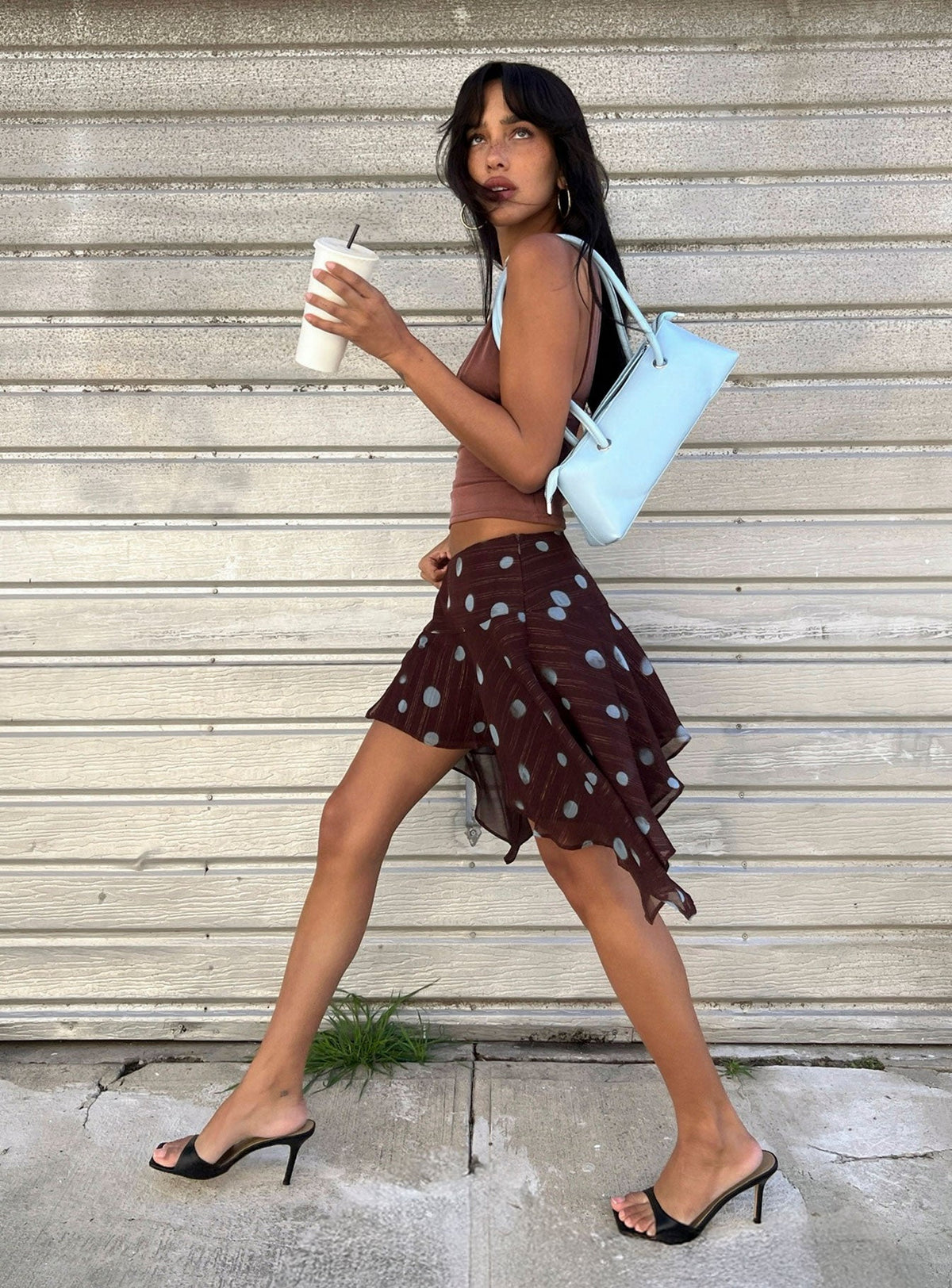 Hevenna Asymmetrical Chiffon Mini Skirt Brown / Blue Polka