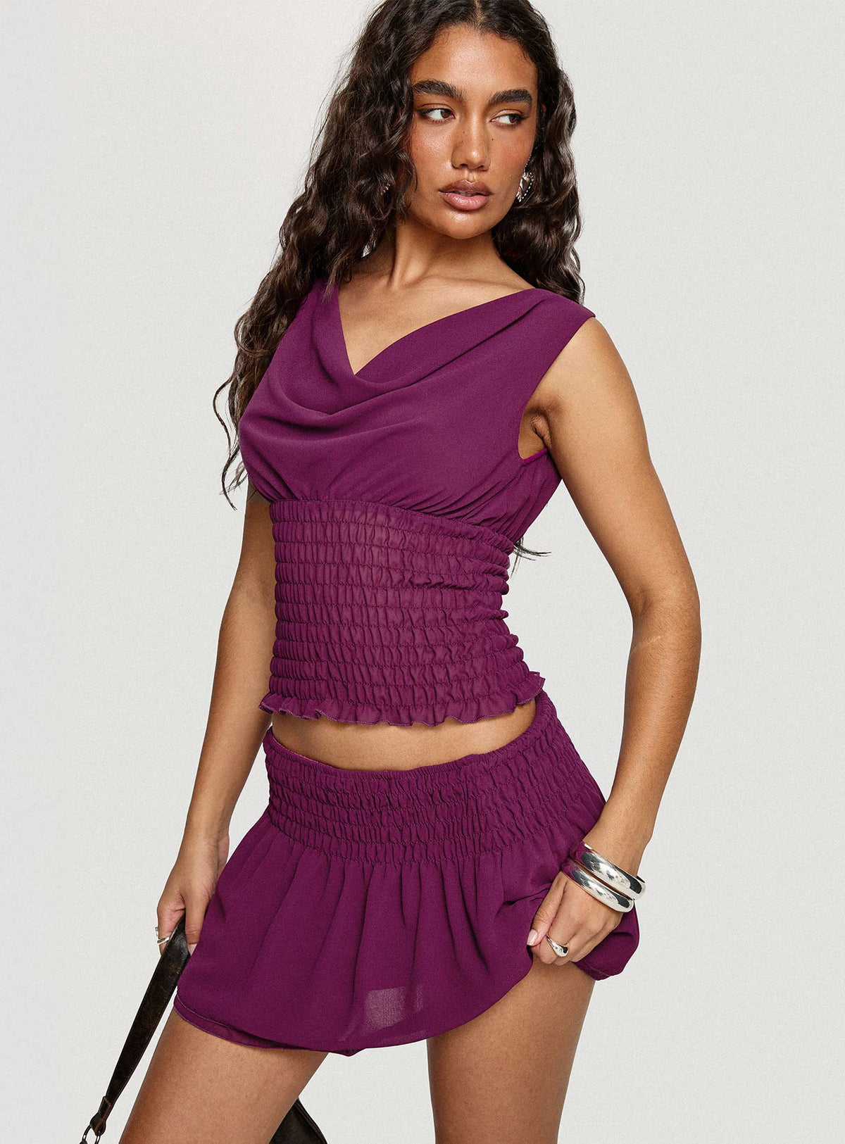 I Belong Shirred Mini Skirt Wine
