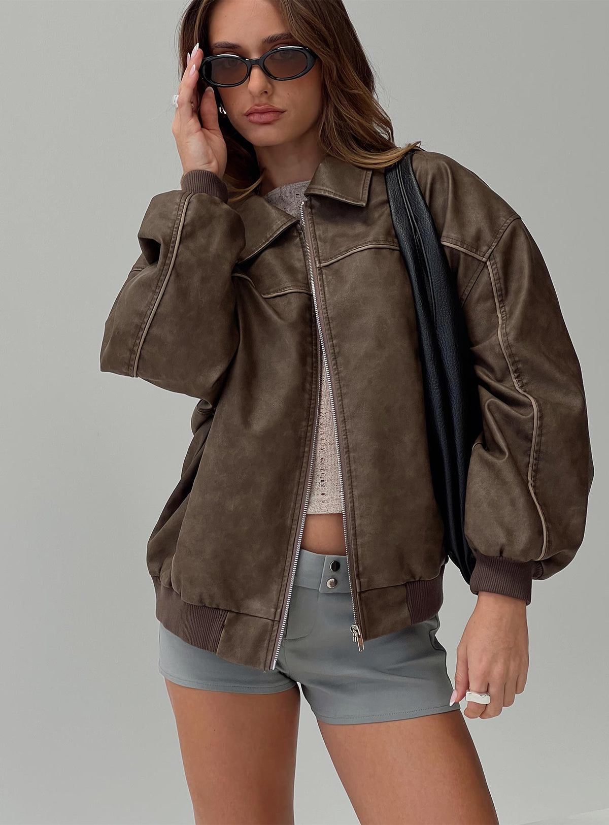Goldsmith Faux Leather Bomber Jacket Washed Brown Petite
