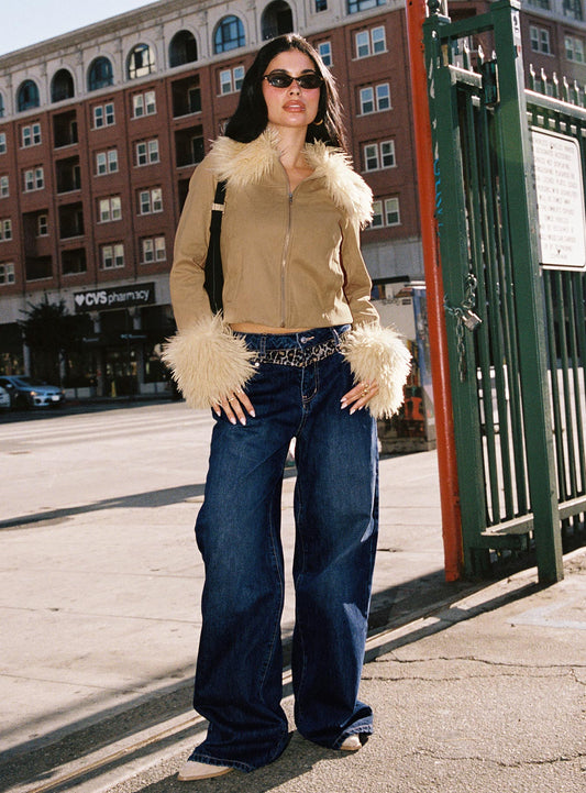 Savenna Mid Rise Wide Leg Jeans Dark Wash / Leopard