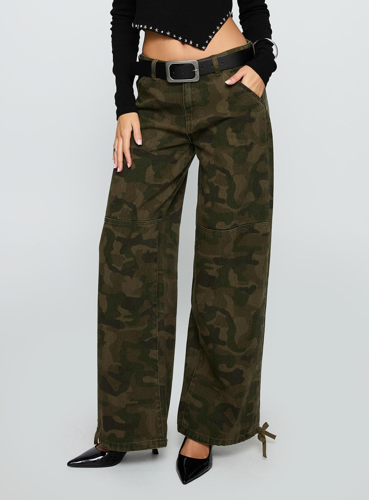 Strike Out Mid Rise Wide Leg Jeans Camouflage