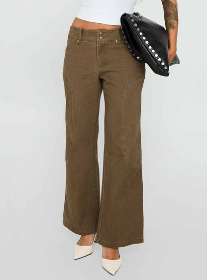 Cuzco Low Rise Flared Cargo Jeans Dark Khaki
