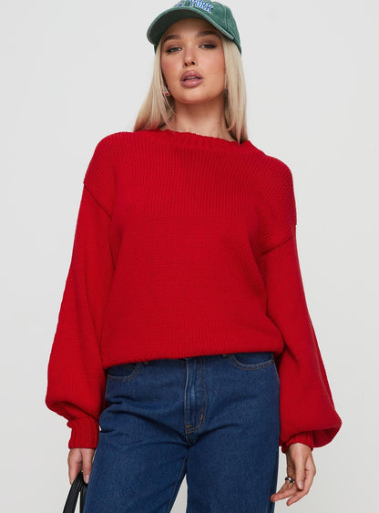 Harmony Balloon Sleeve Knit Sweater Red