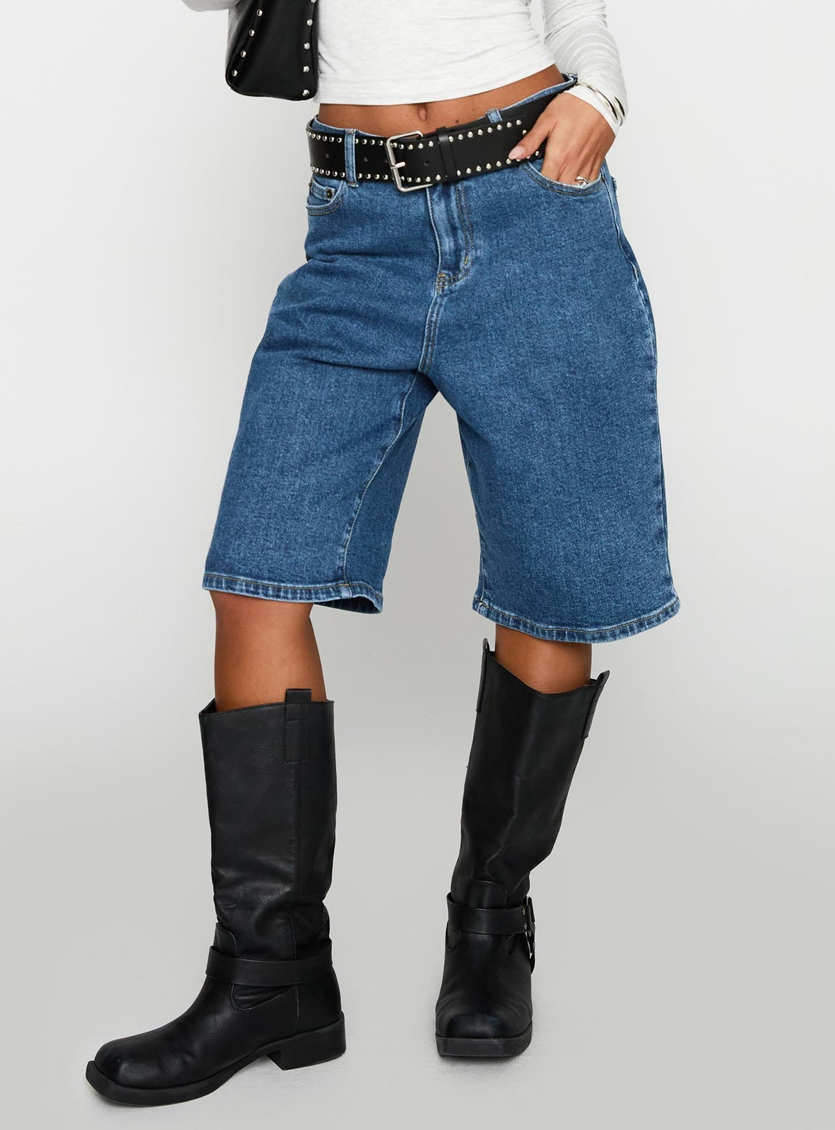 Retro Dream Mid Rise Longline Denim Shorts Mid Wash