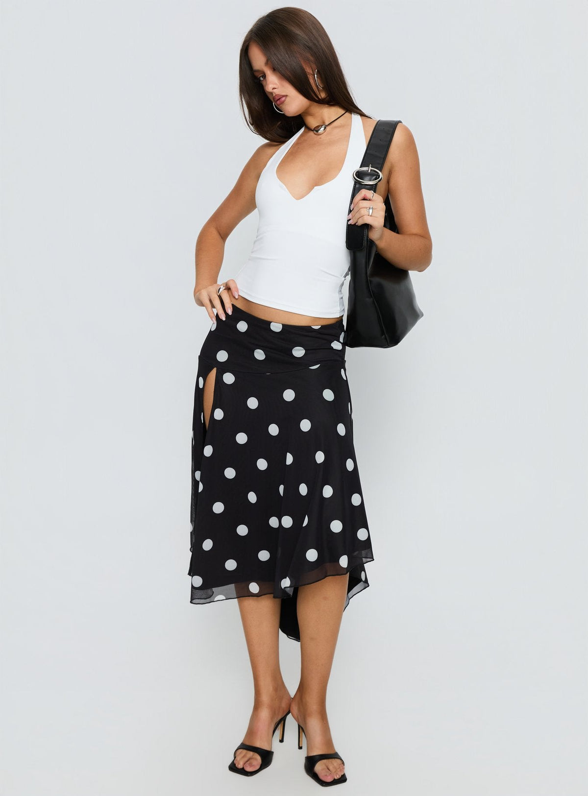 Dulciana High Split Asymmetrical Midi Skirt Black / Polka Dot