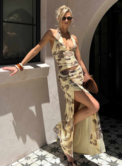 Roselin Mesh Maxi Skirt Brown Floral