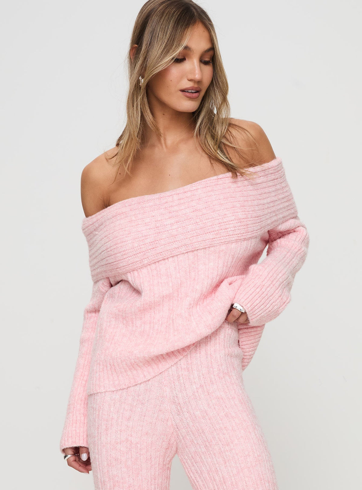 Icicle Off Shoulder Knit Sweater Pink