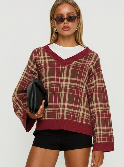 Sydda V Neck Knit Sweater Red Plaid