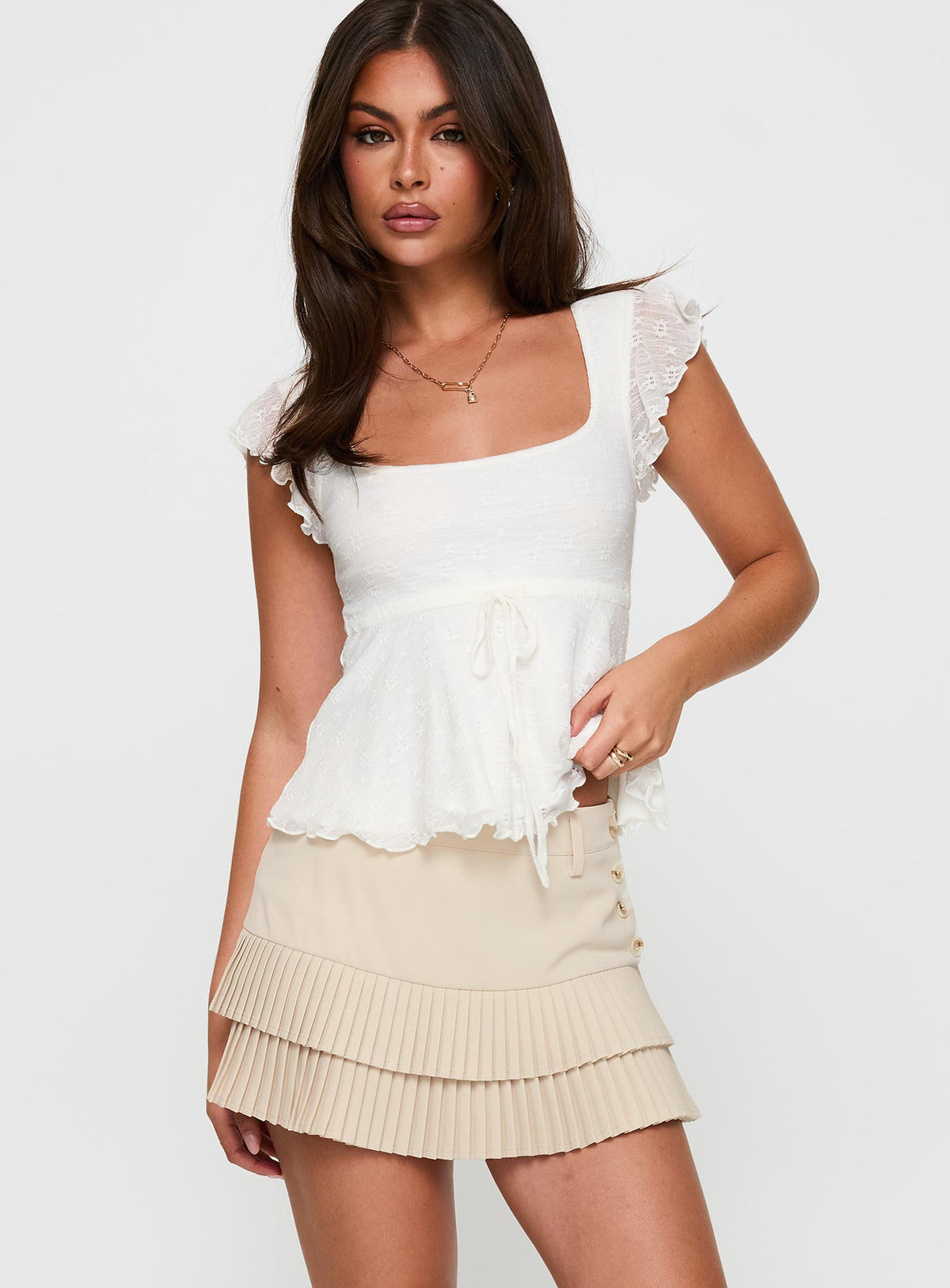 Last Night Ruffle Mini Skirt Beige