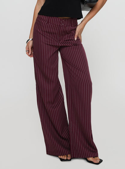 Lorenne Mid Rise Pant Burgundy Pinstripe