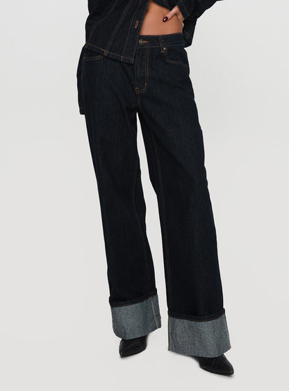 Top Model Low Rise Straight Leg Cuffed Jean Dark Denim