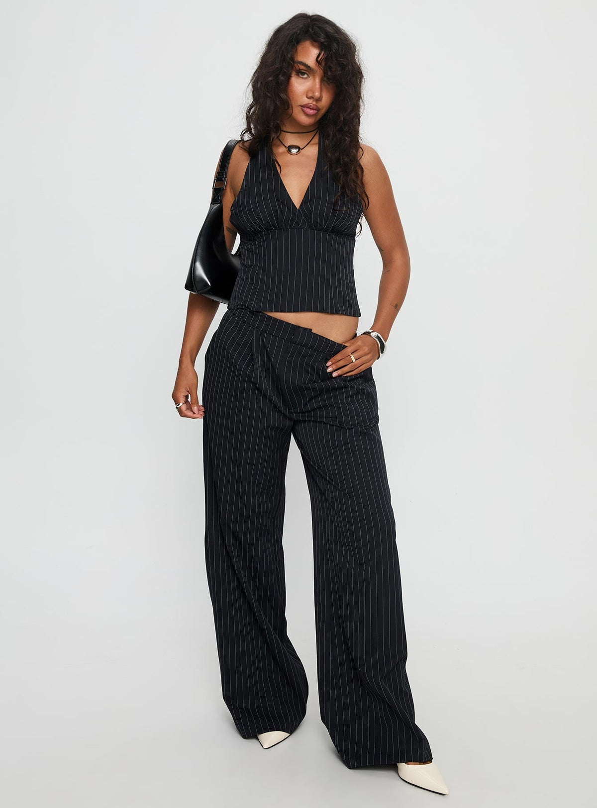 All She Wrote Halter Tailored Set Navy Stripe