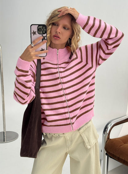 Kaylei Zip Through Cardigan Pink Stripe