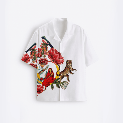 16 Bit Retro Art shirt for men in white Giza cotton, front flat view, camp collar, tiger, bird and seated woman artwork