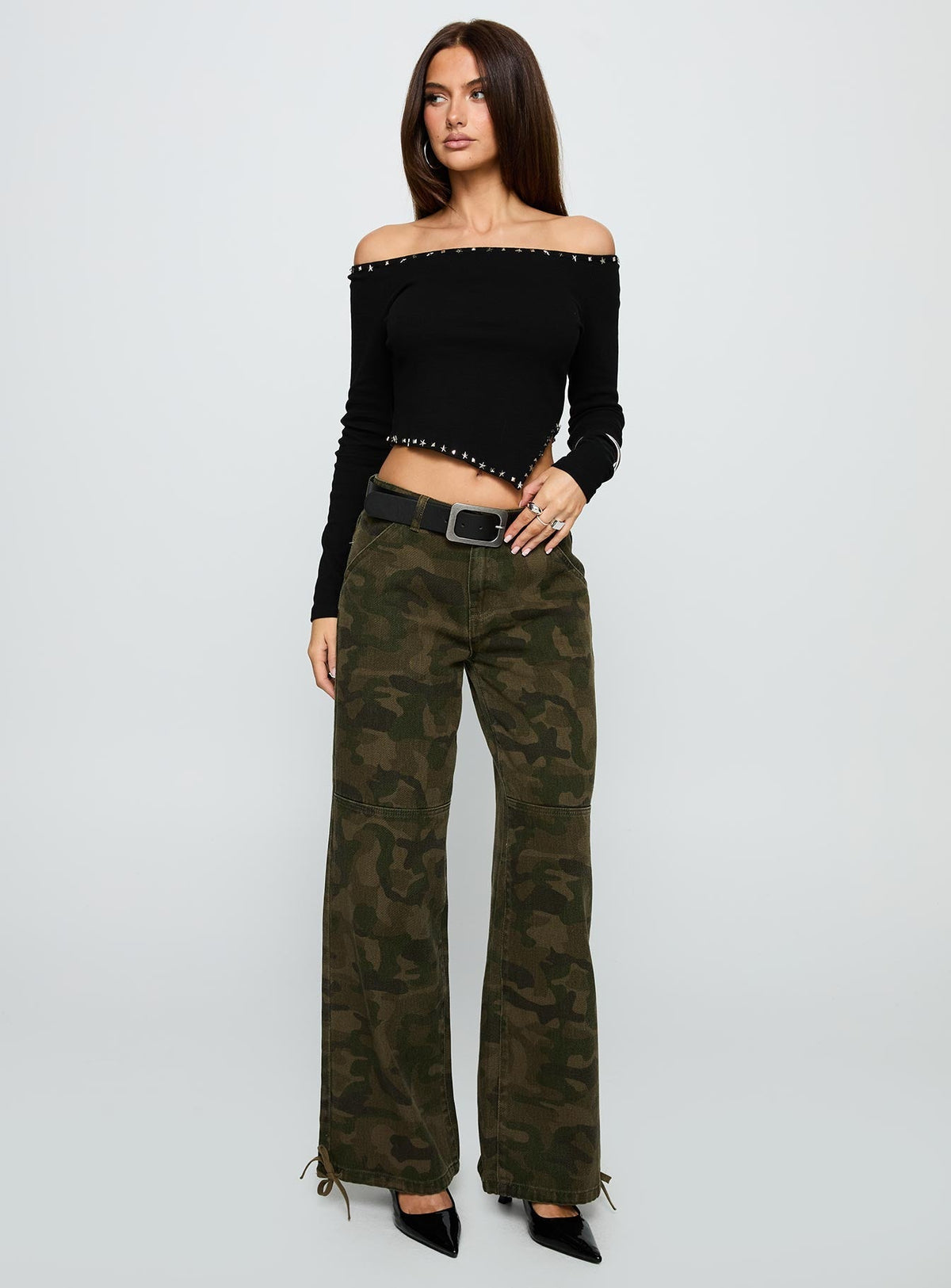 Strike Out Mid Rise Wide Leg Jeans Camouflage