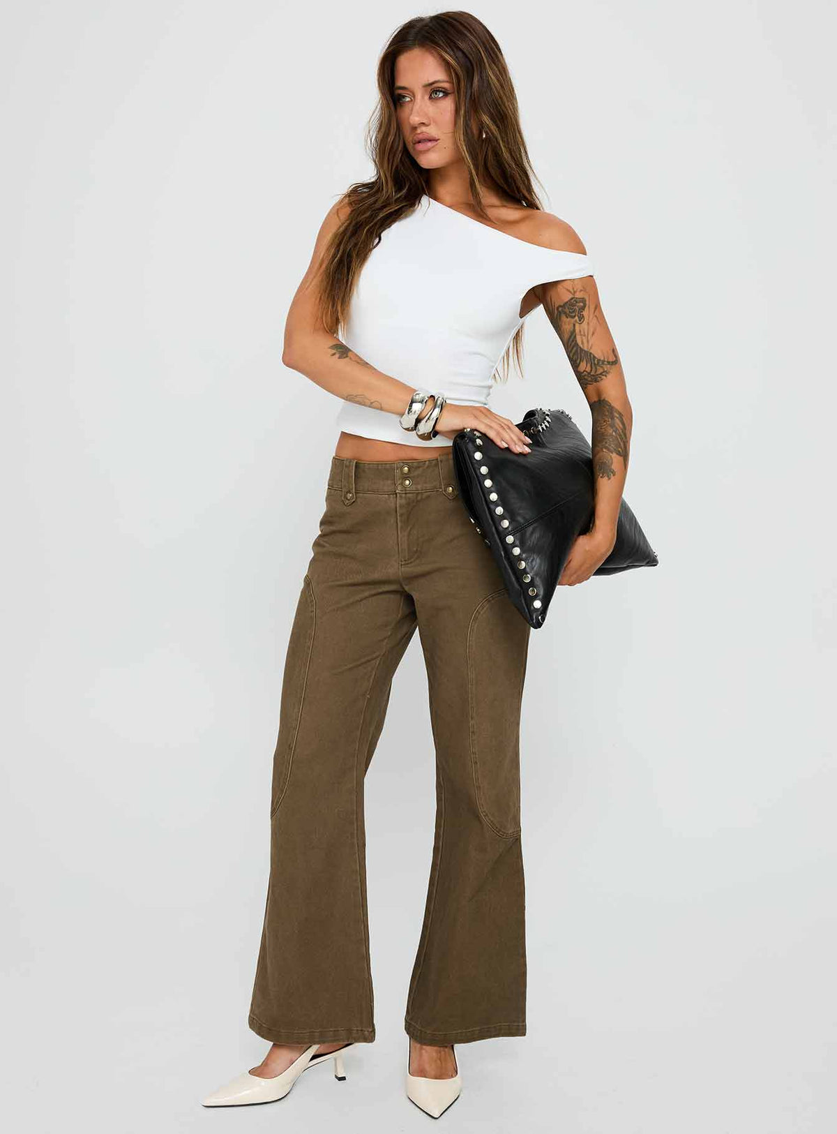 Cuzco Low Rise Flared Cargo Jeans Dark Khaki