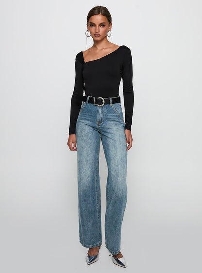 Sacramento High Rise Straight Leg Jeans Mid Blue Denim